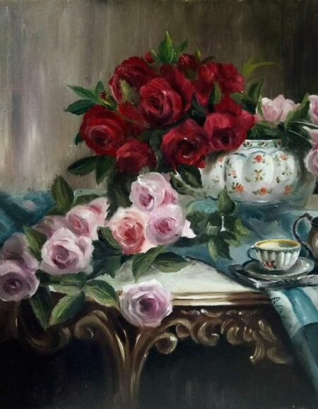 живописна картина із трояндами, чайним сервізом. Живопис