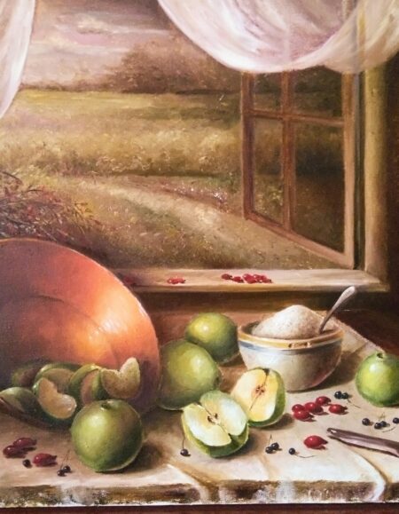 Still Life Apple Jam - oil painting with apples, a sugar bowl and a basin by an open window