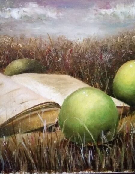 Picturesque oil painting: an open book and four green apples lie in tall dry grass under a foggy sky