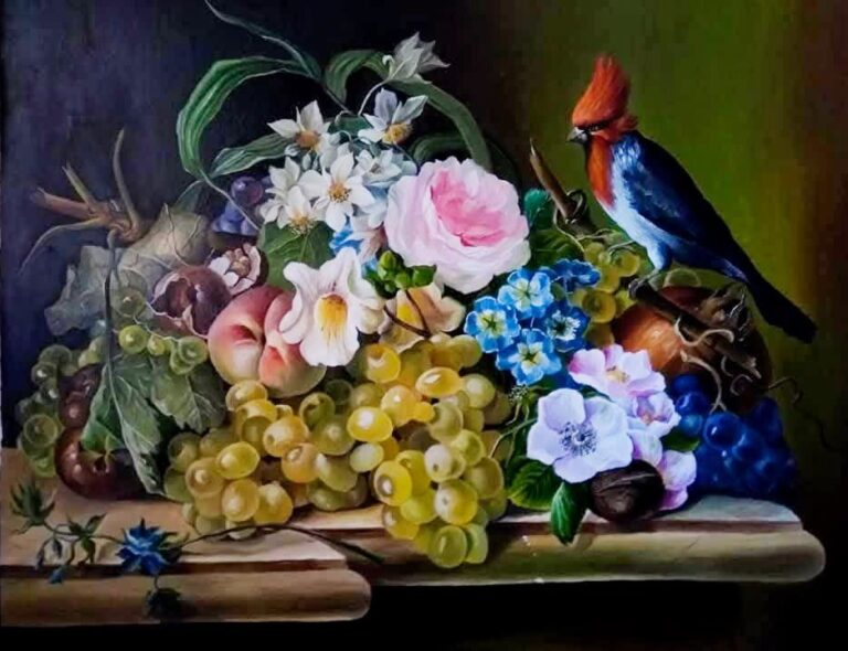 Author’s copy of the work of the Austrian artist Franz Xaver Petter. The original is called “Still Life with Flowers, Fruit and a Bird”