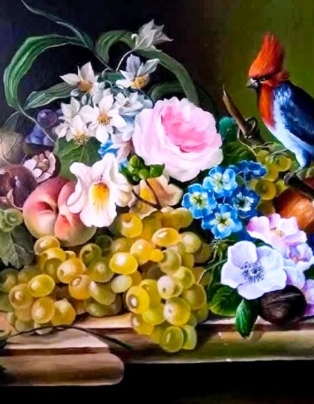Oil painting Still life with grapes, peaches and a bird in a classical style